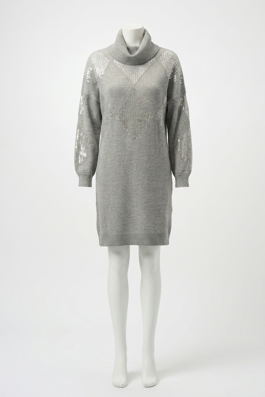 NEW JOSEPH RIBKOFF turtleneck long puff sleeve straight dress in grey melange